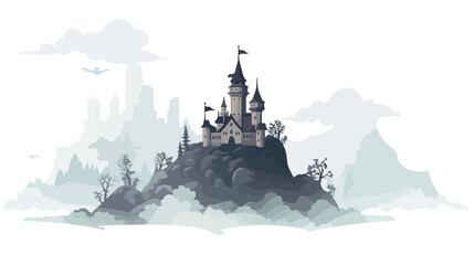 A mystical castle on a hill shrouded in fog. flat vector - obrazy, fototapety, plakaty