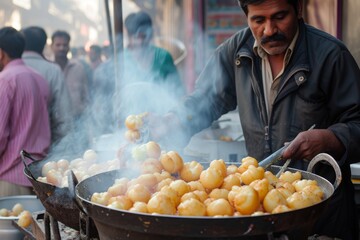 A man is seen cooking food in a large pan, preparing a delicious meal, A vendor selling classic Indian street food - pani puri, AI Generated
