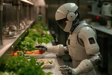 Fototapeta premium Advanced robot preparing a meal with focus on hands chopping vegetables in a professional kitchen