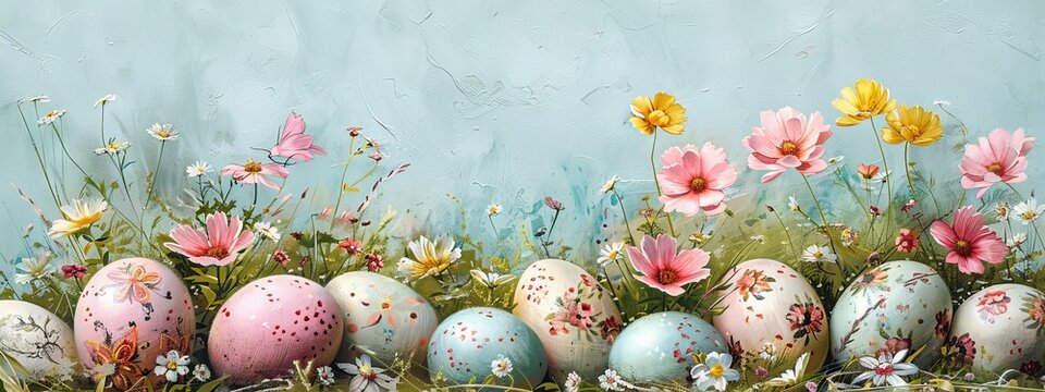 Background easter egg spring bunny happy rabbit flower seamless cute. Egg easter background floral wallpaper illustration design animal card decoration holiday graphic print element blue paint grass.