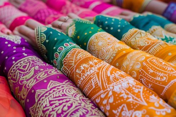 Fototapeta premium A photo showcasing a multitude of bright and vibrant umbrellas arranged neatly in a row, A vibrant display of henna patterns, AI Generated