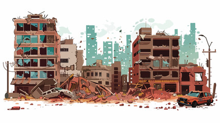 Naklejka premium A post-apocalyptic cityscape with collapsed buildin