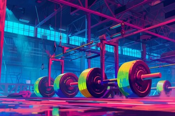 Naklejka premium A vibrant gym brimming with an array of colorful barbells, creating an energetic and dynamic workout environment, A vibrant scene of an intense weightlifting championship, AI Generated