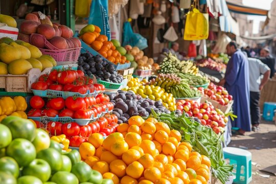 Assorted Fruits and Vegetables Displayed at Market, A vibrant market scene selling fresh fruits and vegetables during Ramadan, AI Generated