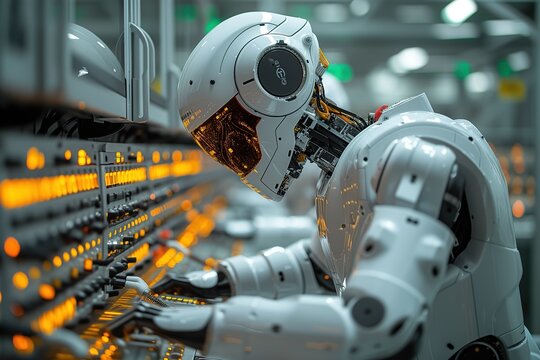 Detailed image of a white industrial robotic arm performing tasks on a manufacturing production line