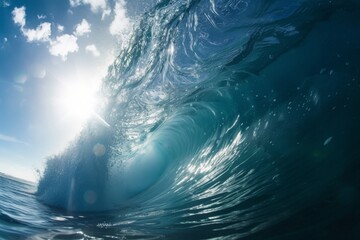 A photo capturing the moment as the sun shines brightly over the powerful ocean waves crashing onto the shore, A view from the bottom of a towering wave, with the sun shining through, AI Generated