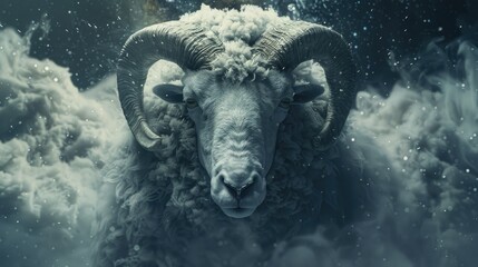 Aries Zodiac in Winter Cosmos, majestic face of an Aries ram emerges from the cosmic swirl of a winter galaxy, symbolizing the astrological sign against a backdrop of twinkling stars and ethereal clou - obrazy, fototapety, plakaty