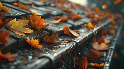 Autumn Leaves on Wet Roof, Maple leaves in vibrant shades of orange and yellow are scattered across a wet roof, caught in the flow of water through the gutters during a gentle autumn rain