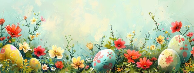 Background easter egg spring bunny happy rabbit flower seamless cute. Egg easter background floral wallpaper illustration design animal card decoration holiday graphic print element blue paint grass. - obrazy, fototapety, plakaty