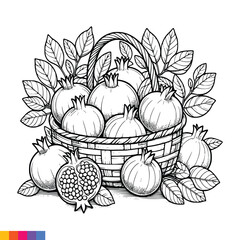 Fruit Basket line art illustration for the coloring book. Fruits coloring page. Vector graphics