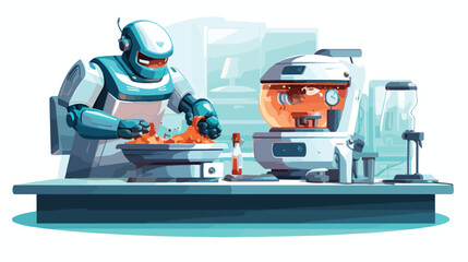 A robotic chef preparing a meal in a kitchen. flat