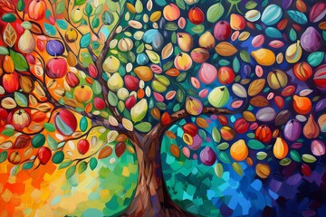 A vibrant painting showcasing a tree adorned with an array of colorful leaves, A vivid painting...