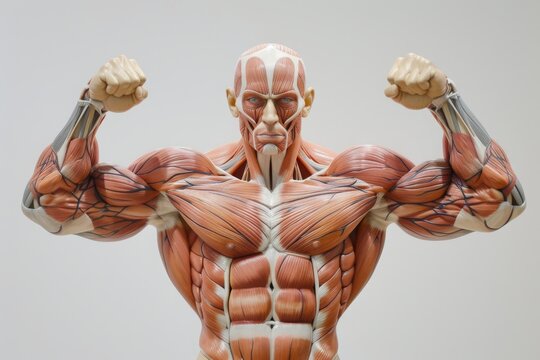 A detailed model of a man exhibiting his well-defined muscles with an intense flex pose, A visualization of the complex human muscles used during weightlifting, AI Generated