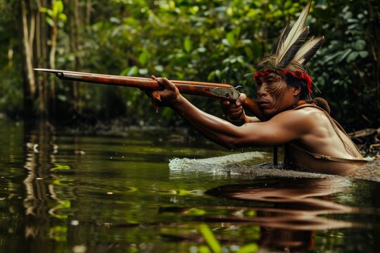 A man stands in the body of water, gripping a rifle and scanning the surroundings, A vivid image of hunting in the Amazon Rainforest, AI Generated