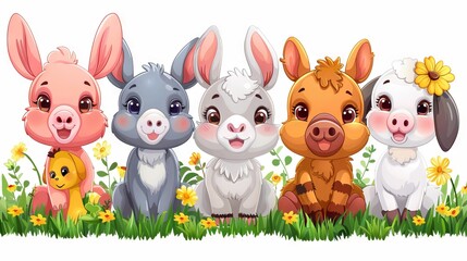 A bright illustration of cartoon animals in the garden, standing in a row against a background of blooming flowers.