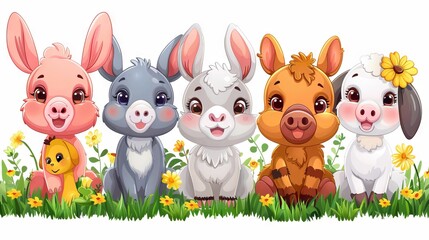 Naklejka premium A bright illustration of cartoon animals in the garden, standing in a row against a background of blooming flowers.