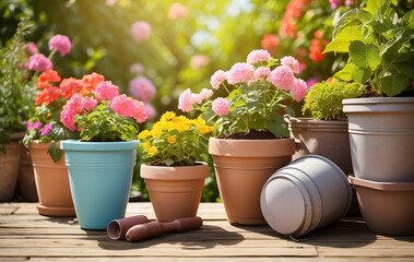 Fototapeta na wymiar Sunny Spring or Summer Garden Scene with Flowerpots - Ideal for Gardening Background