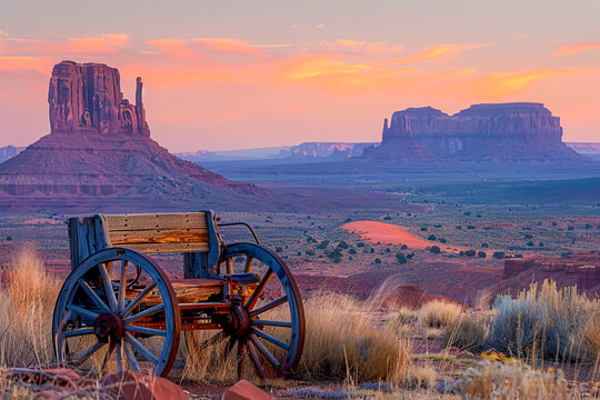 Arizona desert landscape with iconic red rock formations, a scenic view of Monument Valley at sunrise
