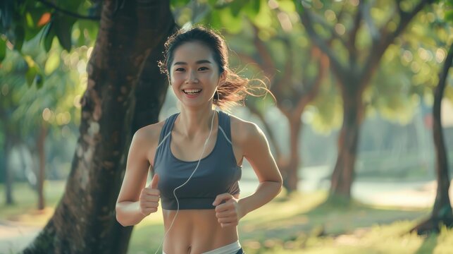 Full body image of beautiful Asian female athlete runner doing morning exercise outdoors.