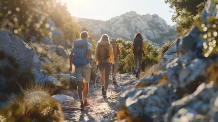 Fotobehang Trio of Hikers on Mountain Path, group of young explorers tread a stony path amidst wild grasses, with the golden hour sun casting a warm glow on the mountainous backdrop © Viktorikus
