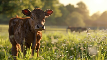 Calf in Morning Light, curious young calf stands amidst a dewy meadow, bathed in the golden light of sunrise, embodying the tranquility of farm life - obrazy, fototapety, plakaty
