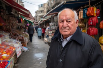 Fototapeta premium Senior man browsing local markets, Senior man meticulously selects fresh produce at an outdoor market, reflecting a commitment to healthy living and preference for natural ingredients.