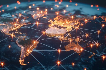A detailed map of the world showcasing numerous brightly lit areas, illustrating global urbanization and development, A web of globally connected remote workers, AI Generated - obrazy, fototapety, plakaty