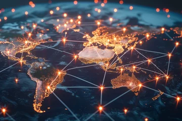 Foto op Canvas A detailed map of the world showcasing numerous brightly lit areas, illustrating global urbanization and development, A web of globally connected remote workers, AI Generated © Iftikhar alam