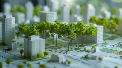 Model sustainable green city concept with eco friendly white buildings and small trees from paper, representing urban planning and environmental conservation. Generative ai - obrazy, fototapety, plakaty