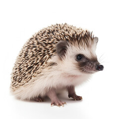 Fototapeta premium Adult male Four toed Hedgehog aka Atelerix albiventris. Sitting facing front eating cat kibble. Isolated on a white background.