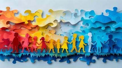 Paper craft card of Silhouettes of people. World Autism Awareness Day month concept. Creative design for April 2. Symbol of awareness for autism spectrum disorder. Generative ai