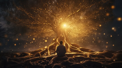 Person meditating at night near an energetic tree with strong roots, in a magical environment with golden light and sparkles. Energy work, spiritual practice, power of the mind. - obrazy, fototapety, plakaty