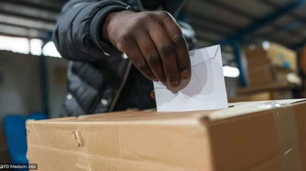 Deurstickers Close-up of a black man hand casting a ballot into a simple cardboard voting box. Political choice, election day and voting concept. Generative ai © Iuliia Metkalova