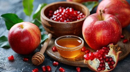 Apple, honey and pomegranate, traditional food of the Jewish New Year holiday Rosh Hashanah, rustic background. Generative ai