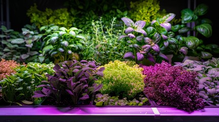 Indoor small green garden, with a variety of herbs and leafy greens. Flourishing under the purple LED illumination. Responsibility of looking after planet, healthy life concept. Generative ai
