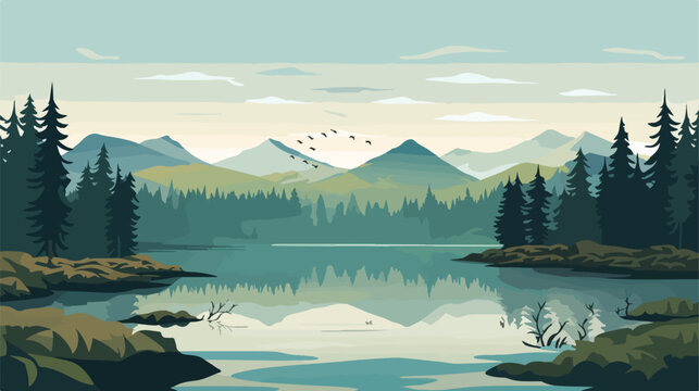A serene lake surrounded by mountains and forests.