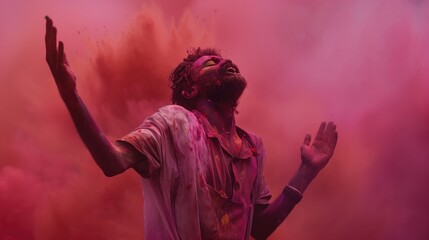 Indian man playing colors celebrating holi festival and giving expression.