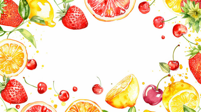 Beautifully detailed watercolor painting showcasing a variety of ripe fruits, berries, including apples, oranges, grapes, strawberries, blueberries in a colorful, enticing display. Banner. Copy space