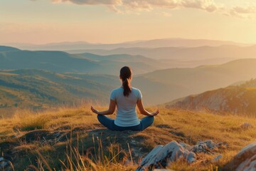 A woman gracefully sits in a yoga position on top of a hill, finding balance and peace in nature, A woman in yoga attire meditating on a hilltop, AI Generated