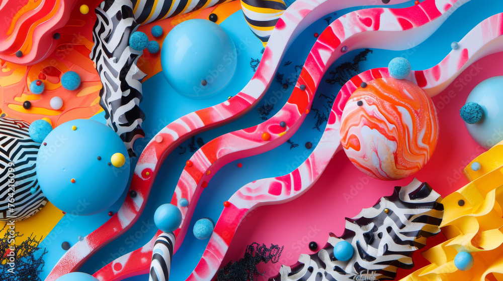 Poster colorful, abstract design featuring spheres, swirls, and patterned elements in a dynamic composition