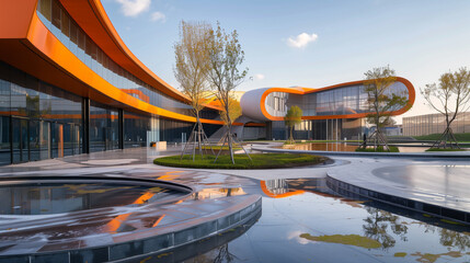 Modern architecture with curving orange design in a landscaped setting. - obrazy, fototapety, plakaty