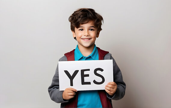 Young Boy Holding a Sign with the Word 'YES' Written on It, Isolated on a Solid White Background