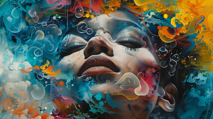 Colorful surreal portrait with vibrant swirls and splashes.