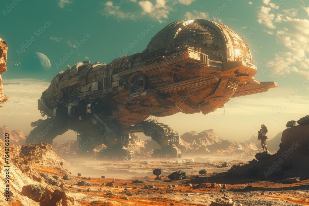 Aufkleber a sci-fi scene depicting multiple futuristic ships hovering over a futuristic cityscape in a high-te