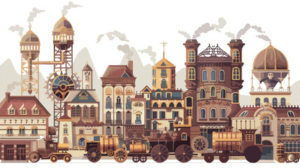 A steampunk city with brass towers and steam-powere