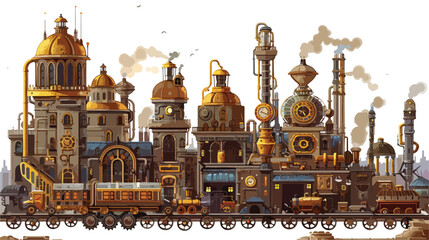 A steampunk city with brass towers and steam-powere - obrazy, fototapety, plakaty