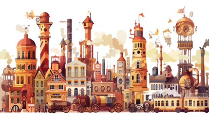 A steampunk city with brass towers and steam-powere - obrazy, fototapety, plakaty