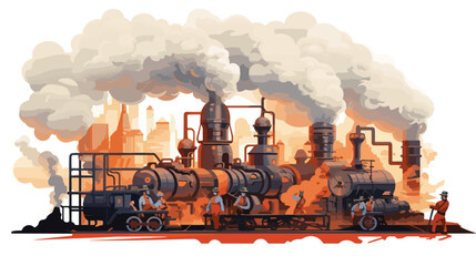 A steampunk factory belching smoke and steam  - obrazy, fototapety, plakaty