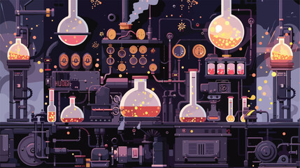 A steampunk laboratory with bubbling vials  - obrazy, fototapety, plakaty