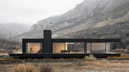 A minimalist black and white house with floor-to-ceiling windows, standing boldly against a...